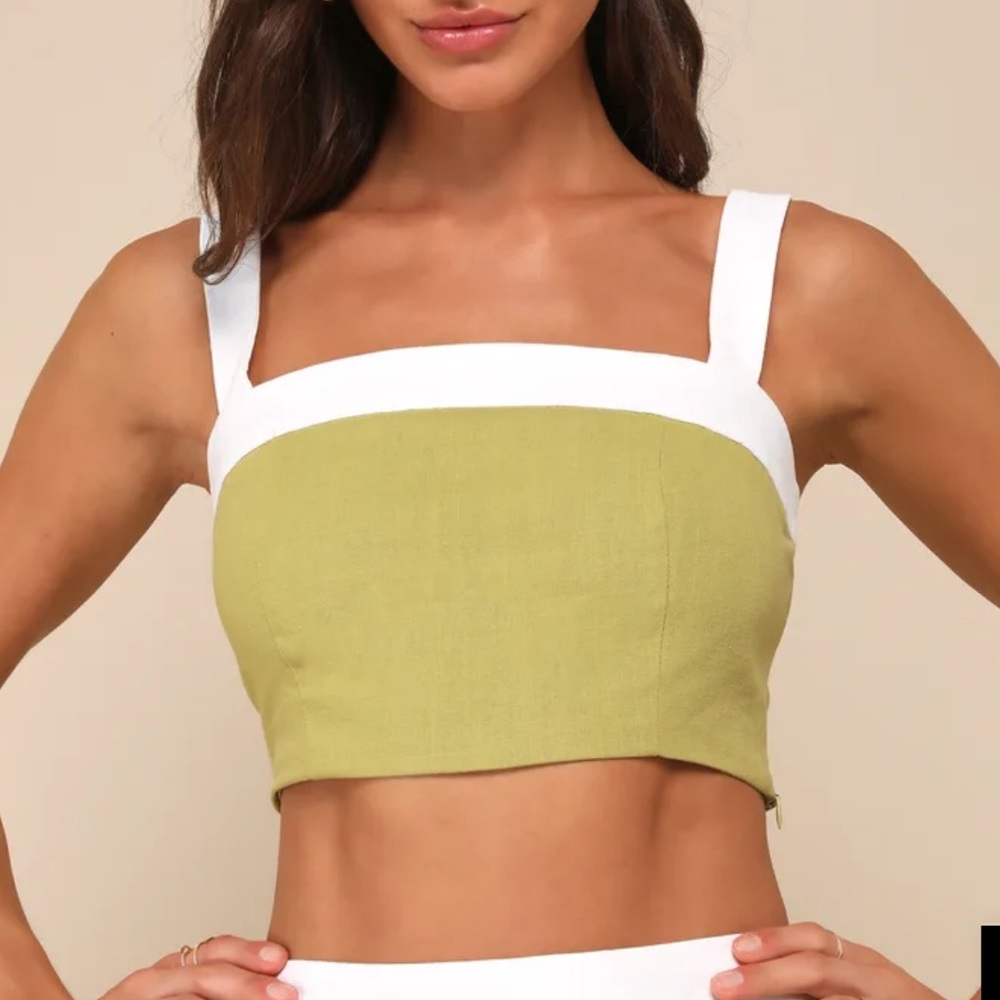 Elian Green and White Color Block Cropped Tank Top